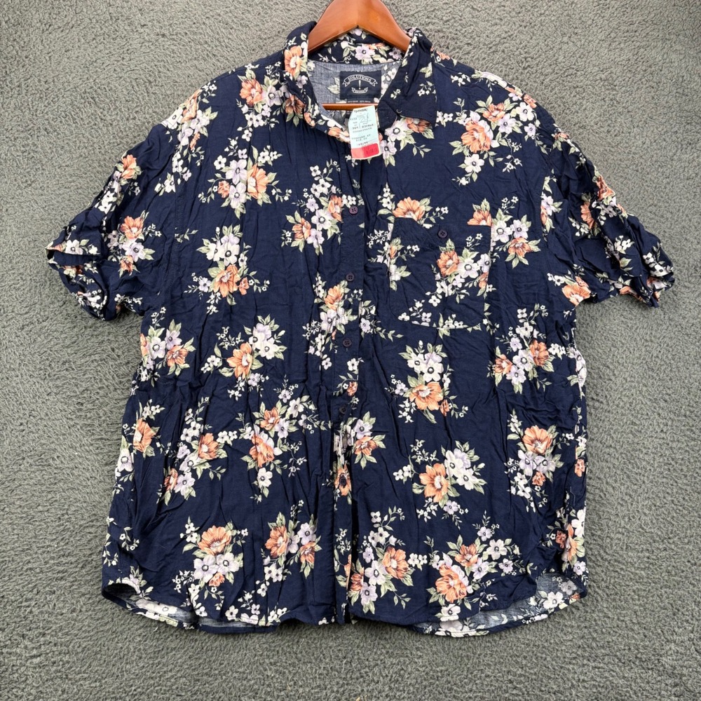 Solutions Original Womens 3X Navy Blue Floral Rayon Short Sleeve Button Up Shirt